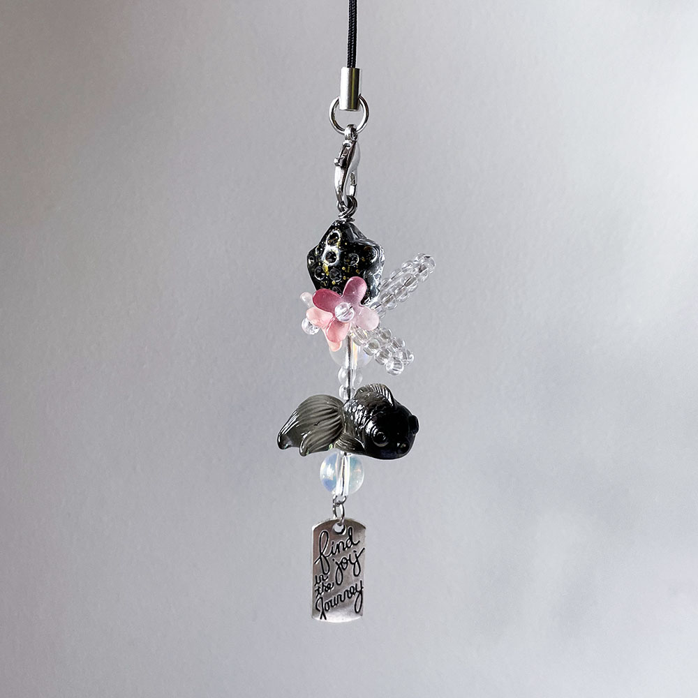 Women'S Fashion Backpack - Black Goldfish Phone Charm Chain Pink