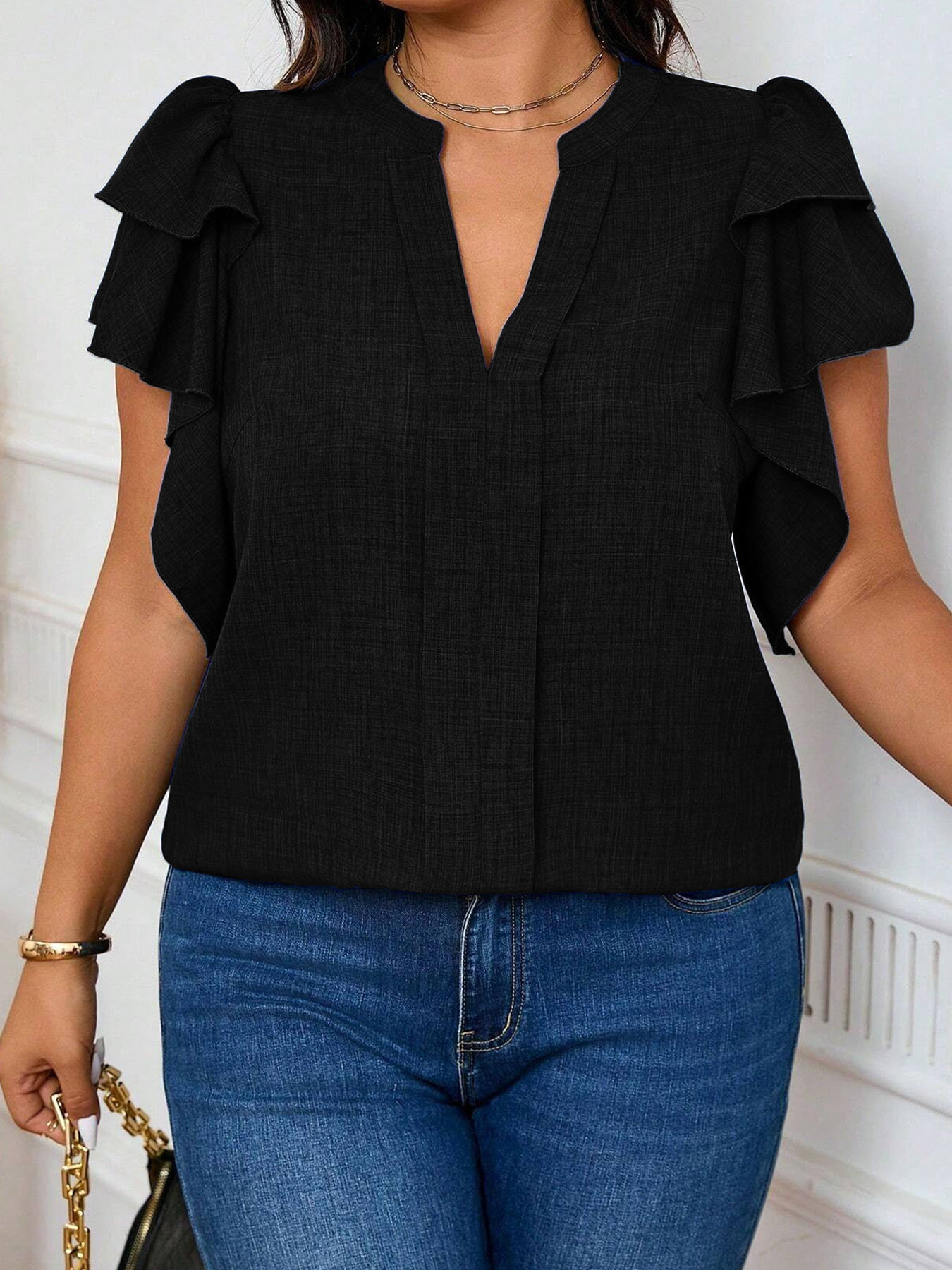 Women'S Fashion Essentials - Women's Plus-Size Elegant Tiered-Sleeve V-Neck Blouse